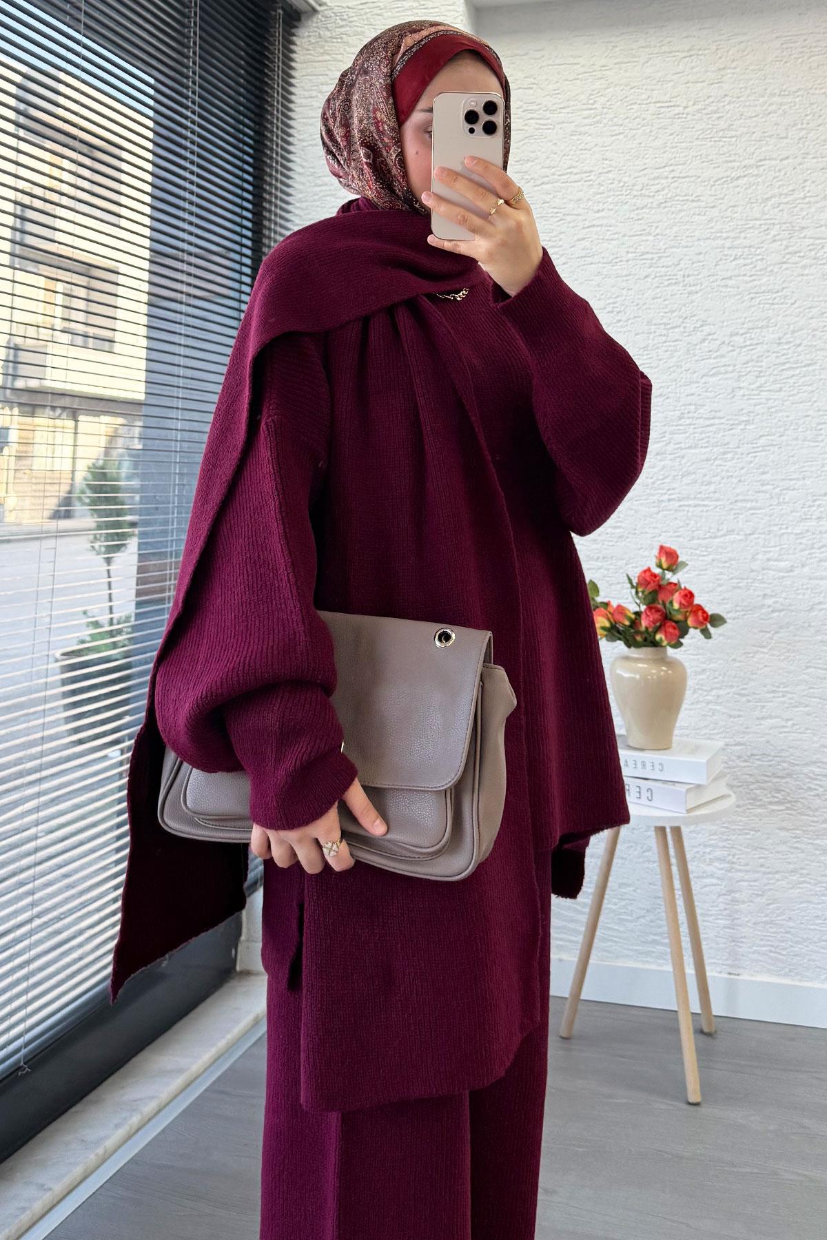 Premium Atkılı Kadın Triko Takım – Bordo