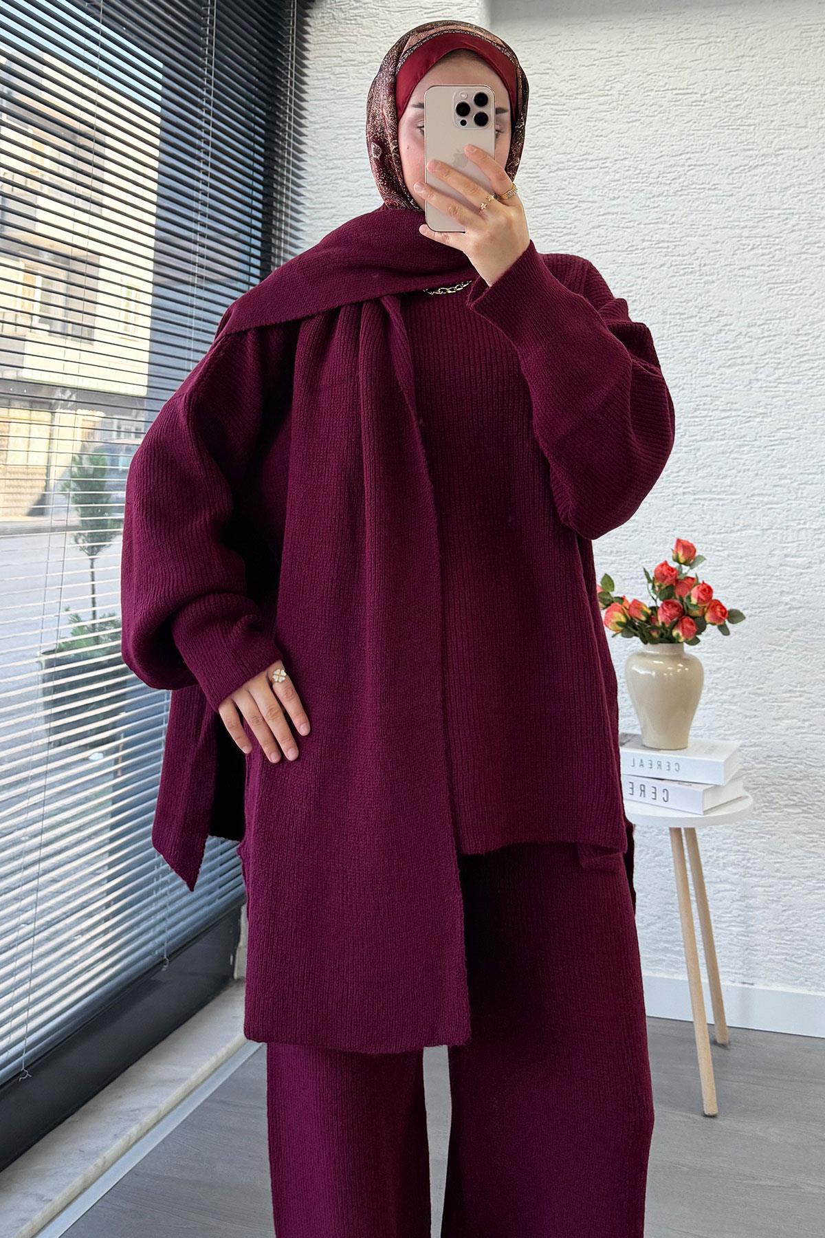 Premium Atkılı Kadın Triko Takım – Bordo