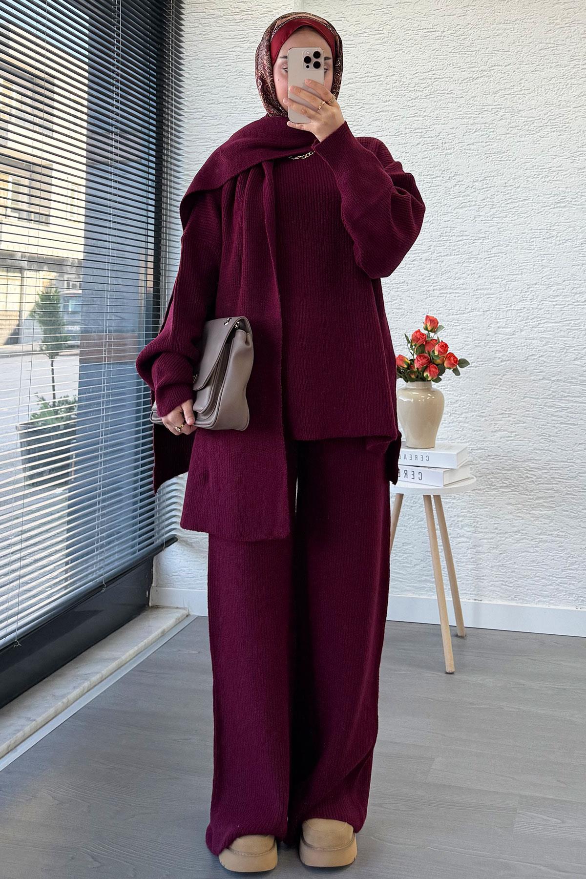 Premium Atkılı Kadın Triko Takım – Bordo