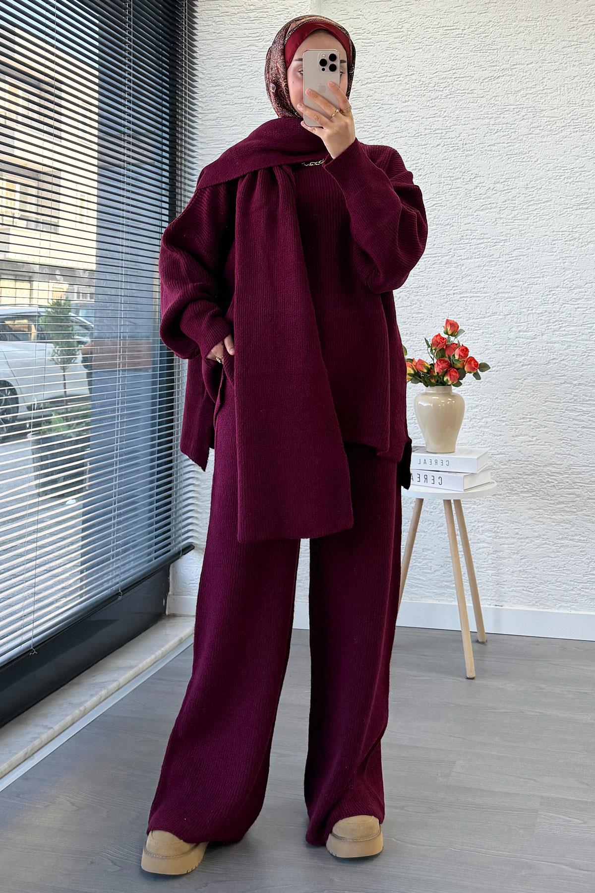 Premium Atkılı Kadın Triko Takım – Bordo