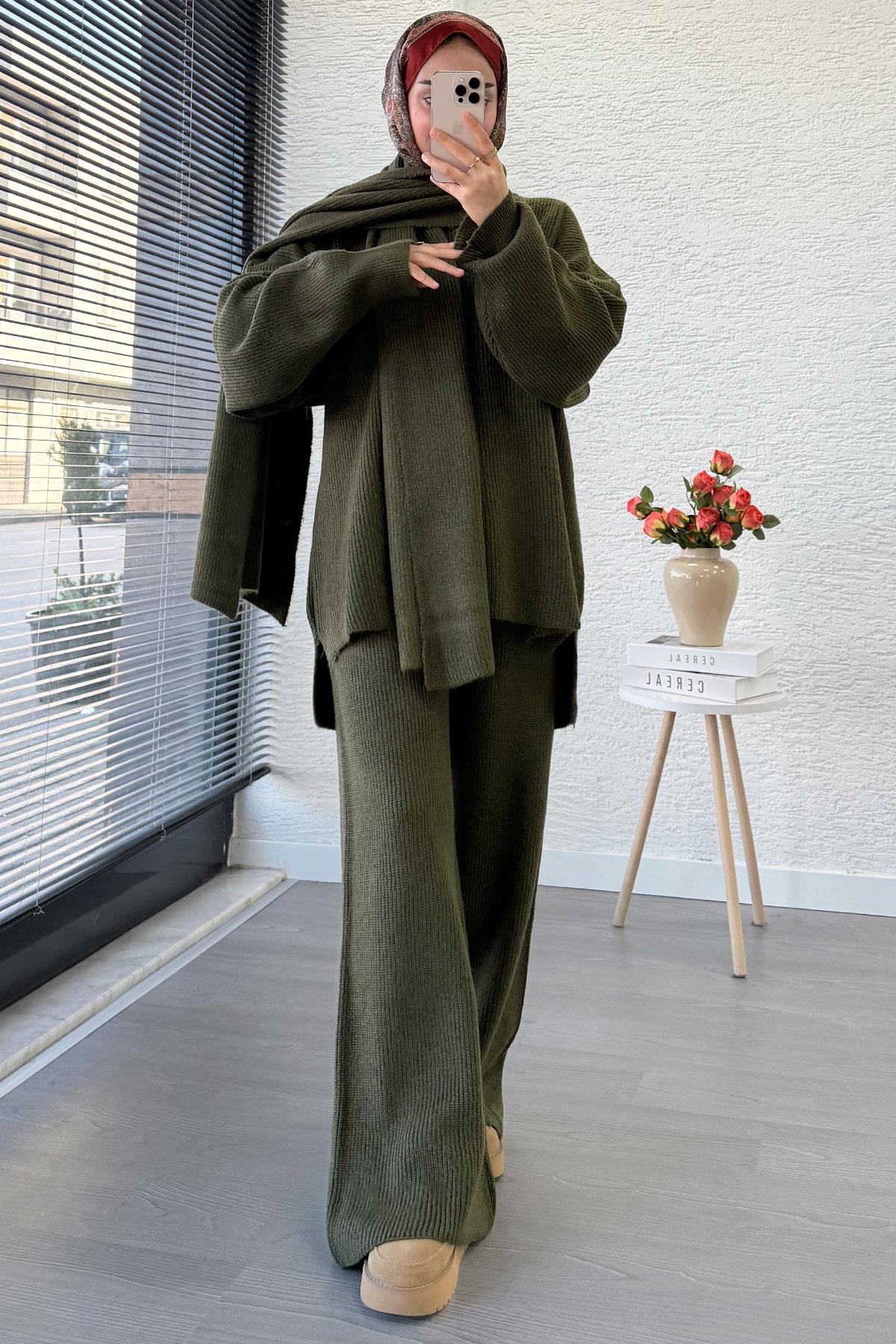 Premium Atkılı Kadın Triko Takım – Haki