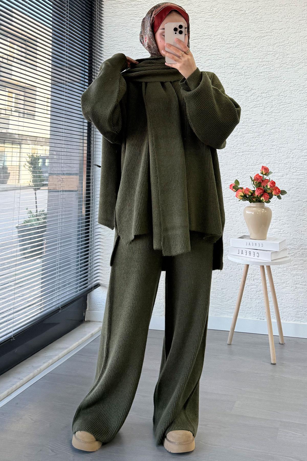 Premium Atkılı Kadın Triko Takım – Haki