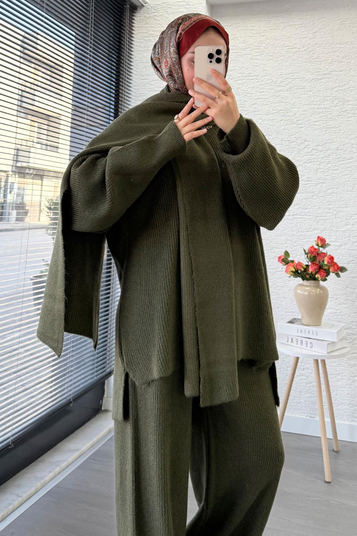 Premium Atkılı Kadın Triko Takım – Haki