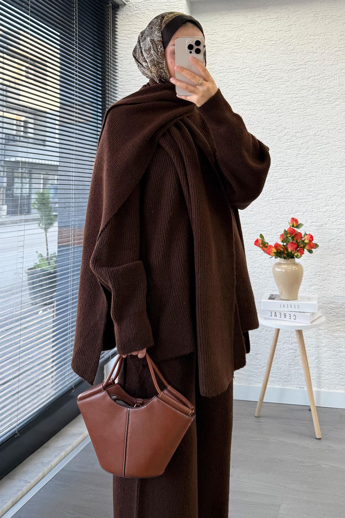 Premium Atkılı Kadın Triko Takım – Kahverengi