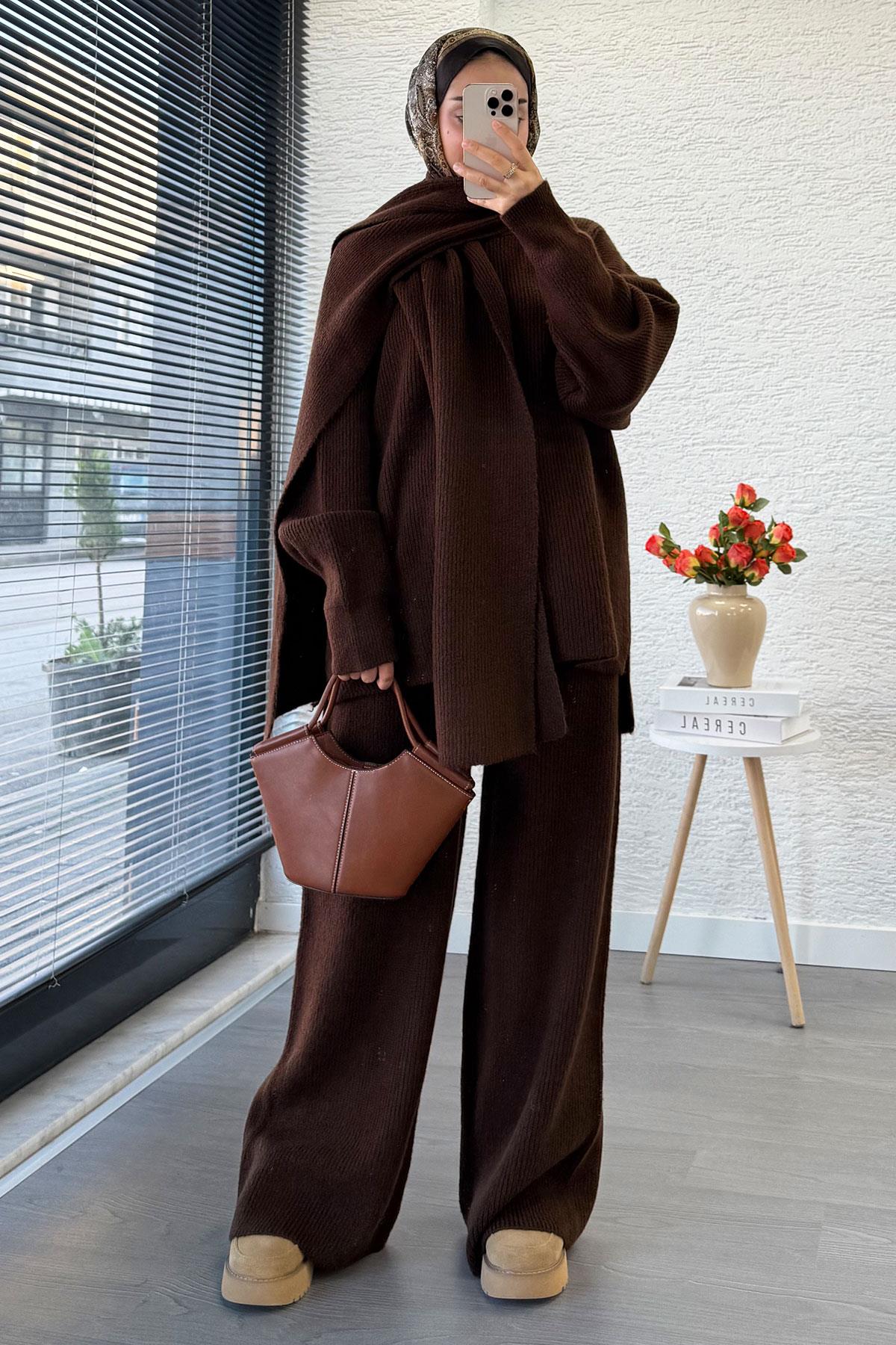 Premium Atkılı Kadın Triko Takım – Kahverengi