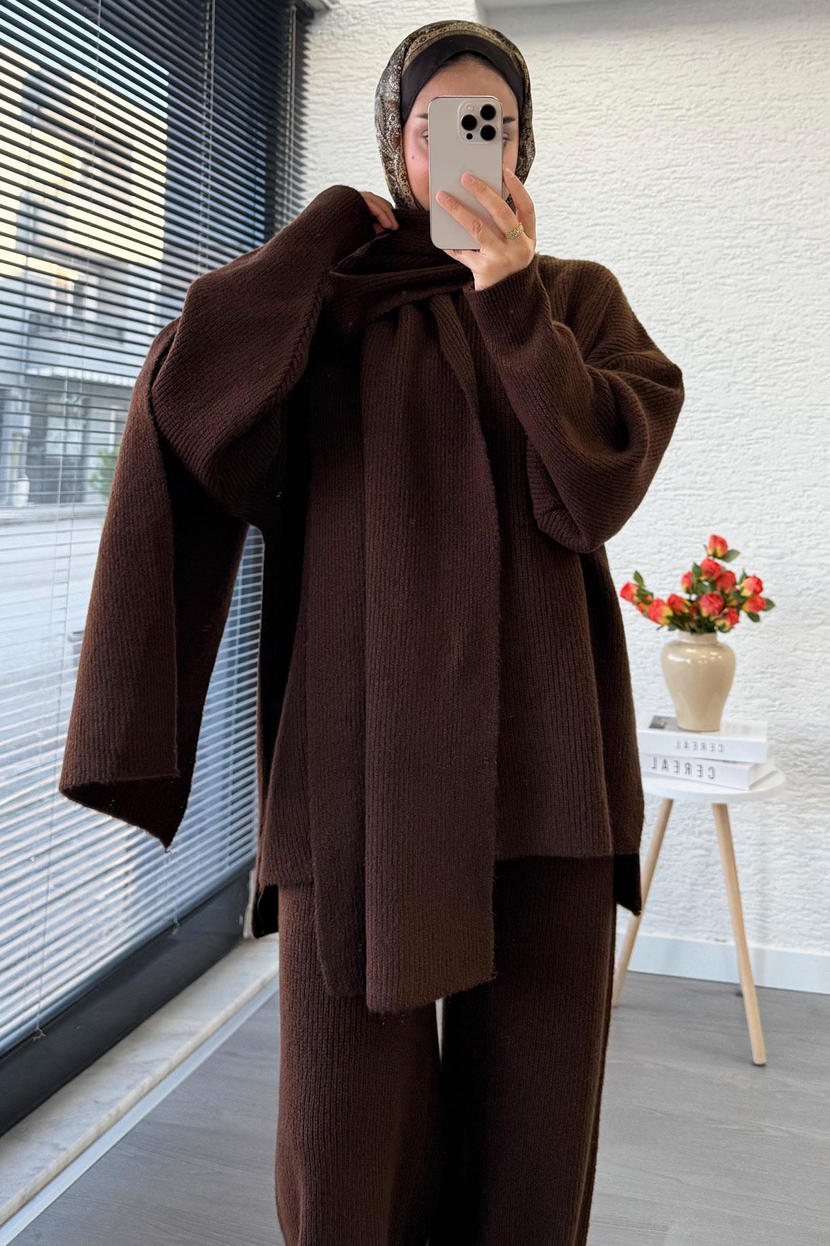 Premium Atkılı Kadın Triko Takım – Kahverengi