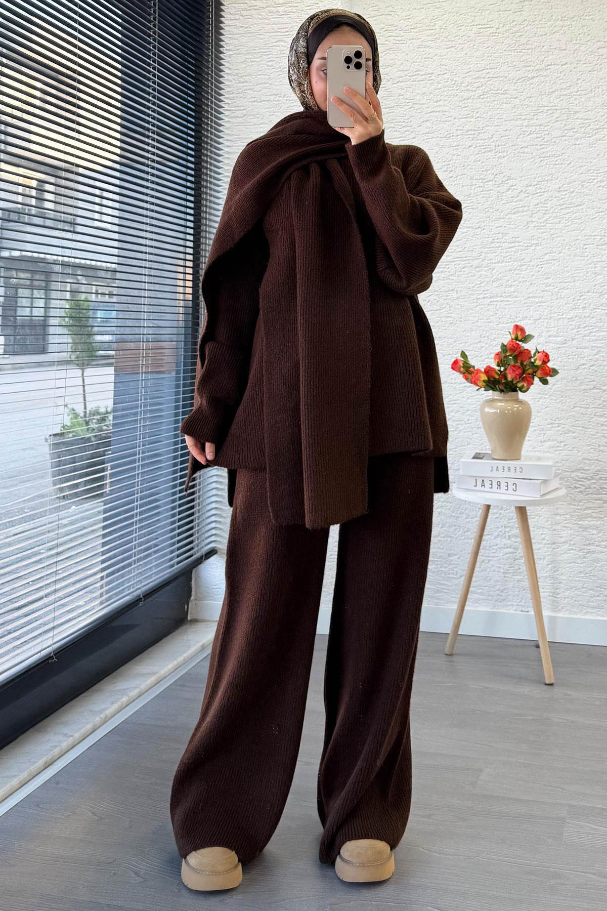 Premium Atkılı Kadın Triko Takım – Kahverengi