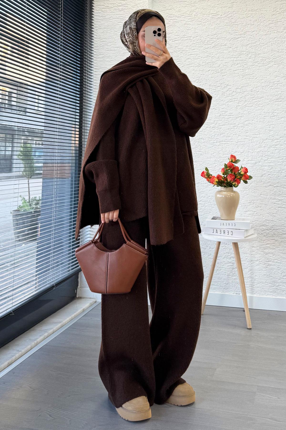 Premium Atkılı Kadın Triko Takım – Kahverengi