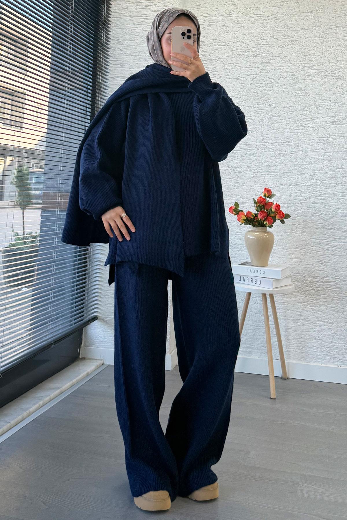 Premium Atkılı Kadın Triko Takım – Lacivert