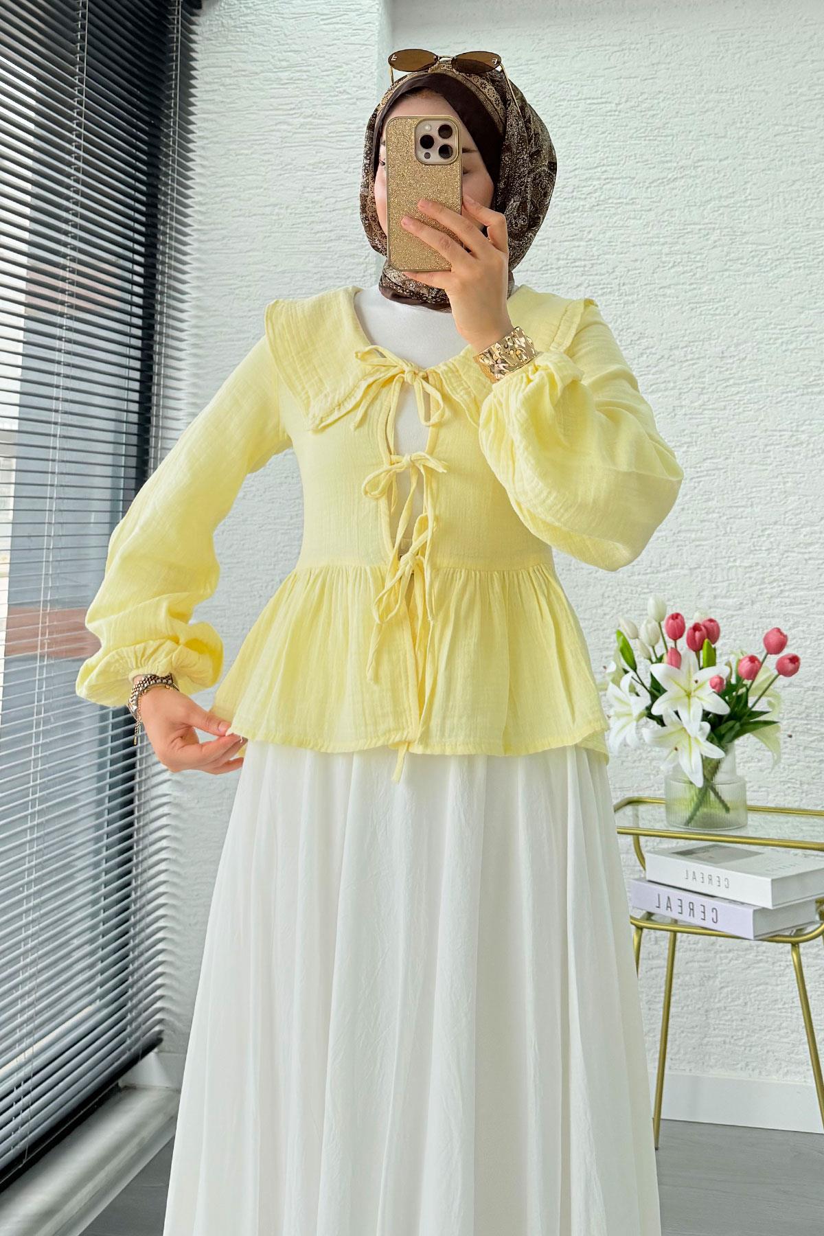 Premium Bebe Yaka Anvelop Müslin Bluz – Sarı