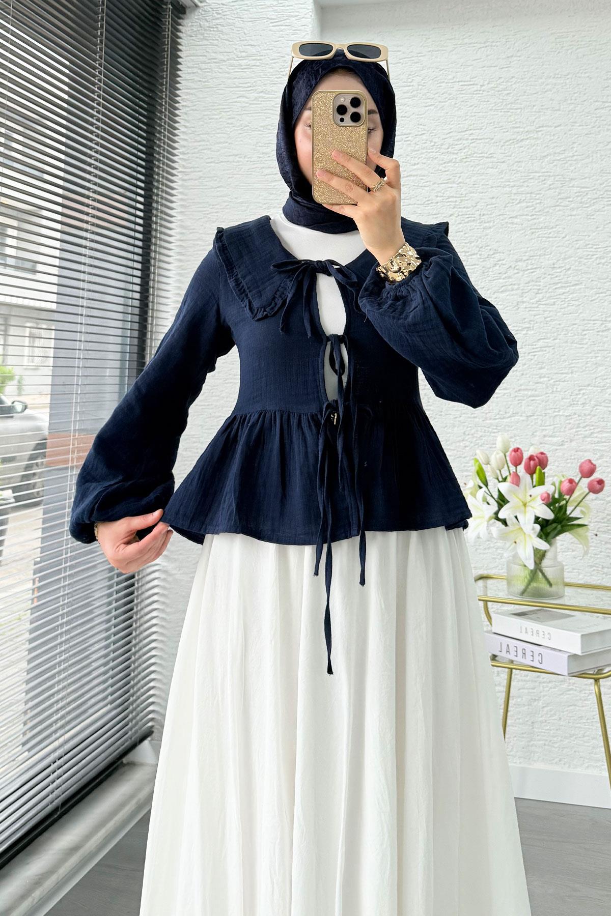 Premium Bebe Yaka Anvelop Müslin Bluz – Lacivert