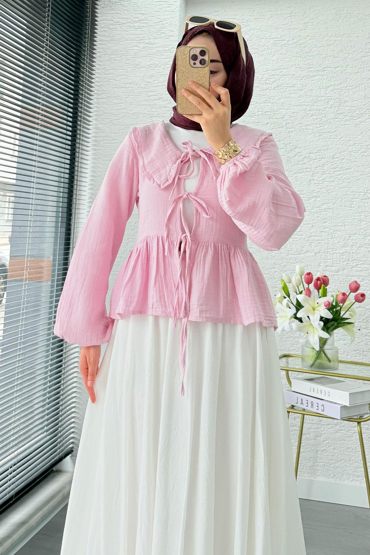 Premium Bebe Yaka Anvelop Müslin Bluz – Pembe