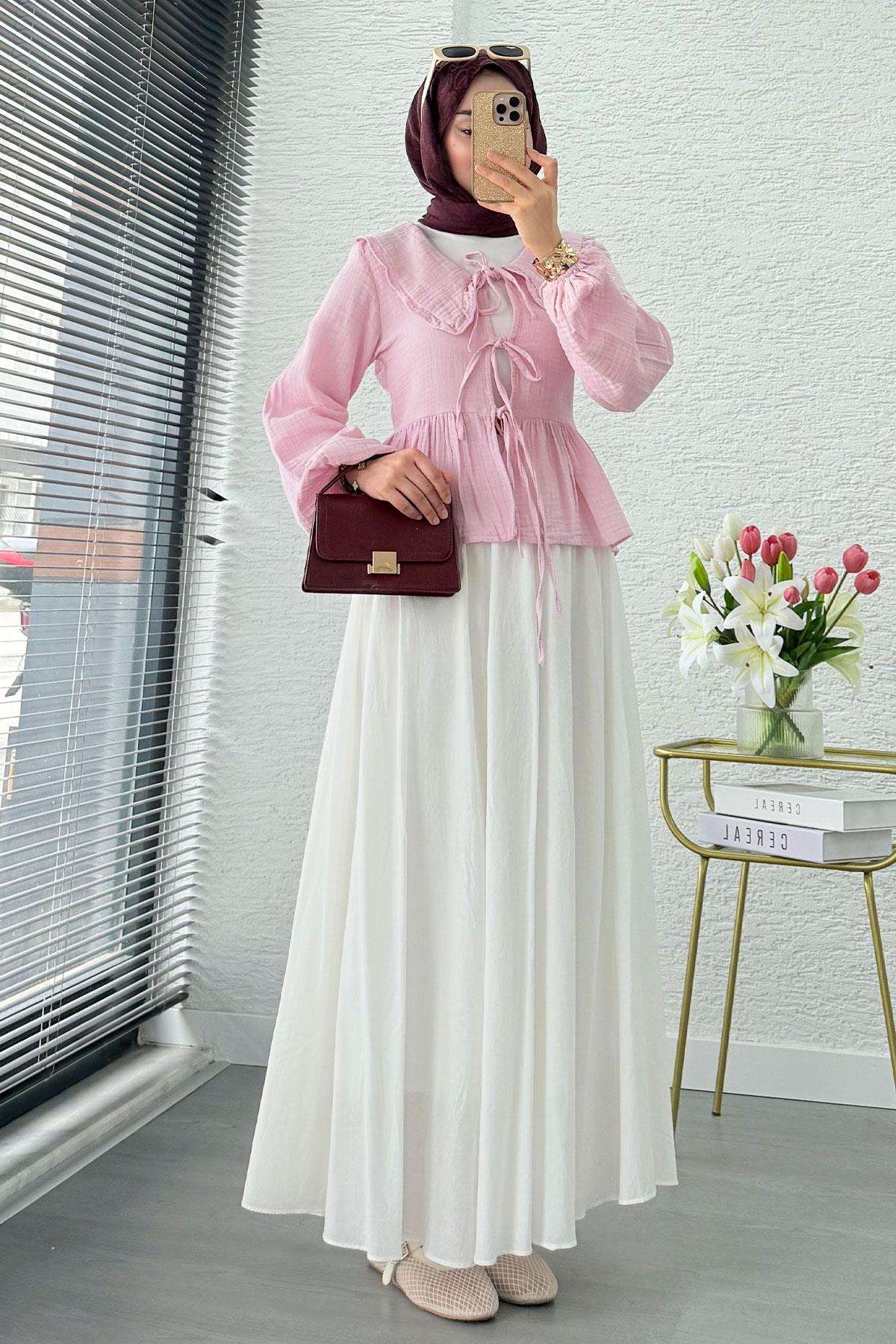 Premium Bebe Yaka Anvelop Müslin Bluz – Pembe