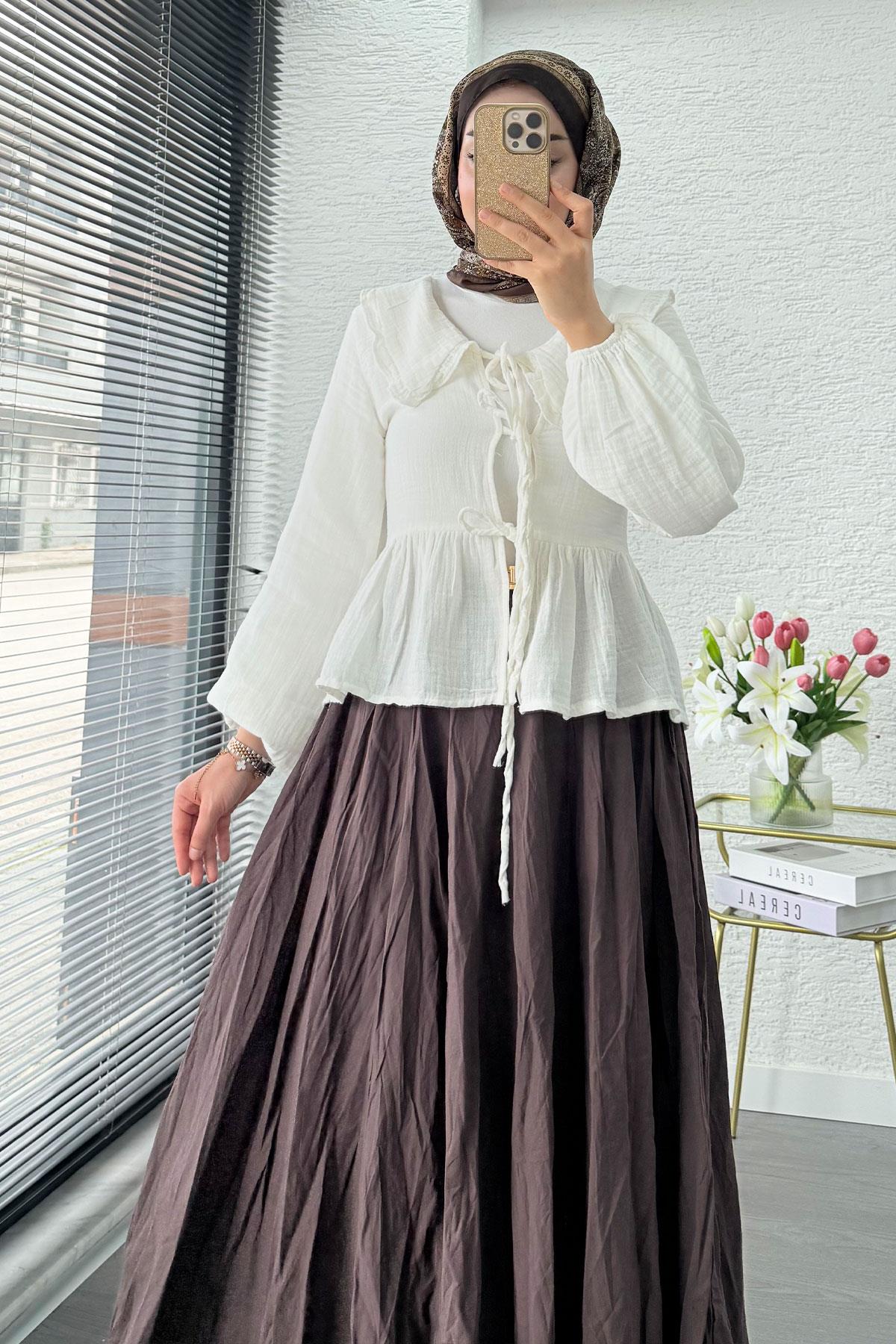 Premium Bebe Yaka Anvelop Müslin Bluz – Beyaz