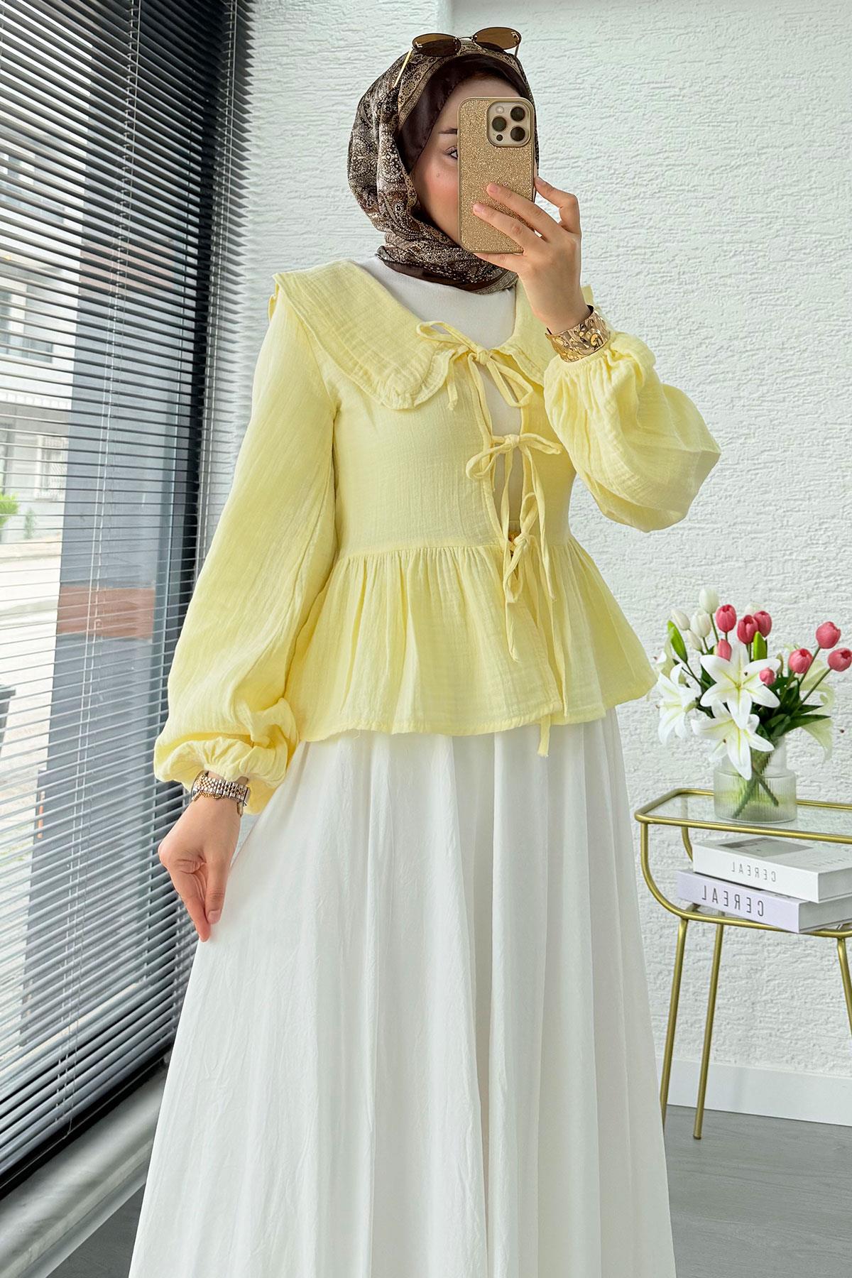 Premium Bebe Yaka Anvelop Müslin Bluz – Sarı