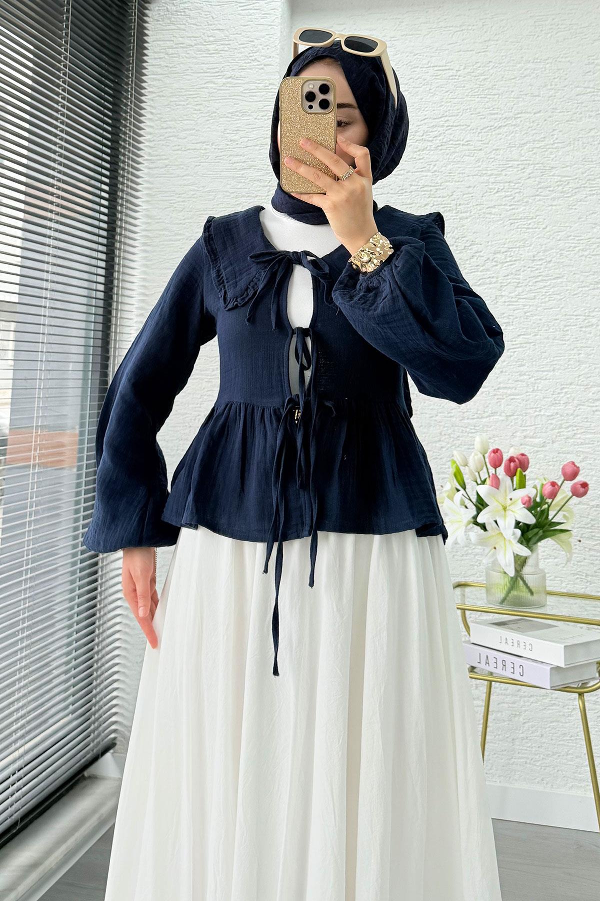 Premium Bebe Yaka Anvelop Müslin Bluz – Lacivert