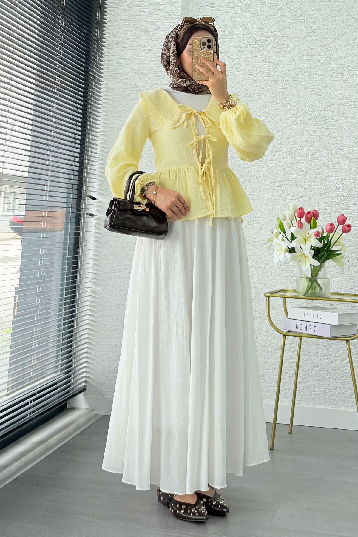 Premium Bebe Yaka Anvelop Müslin Bluz – Sarı