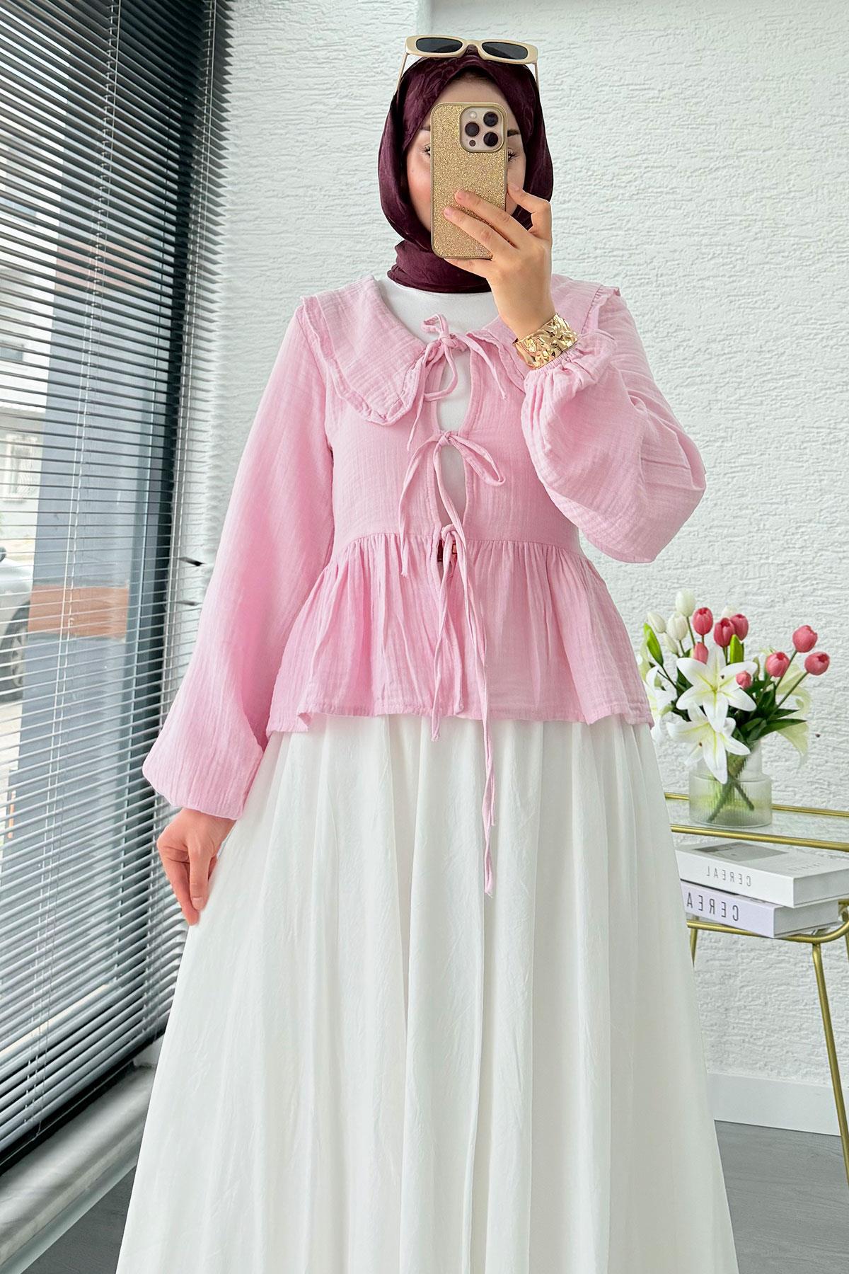 Premium Bebe Yaka Anvelop Müslin Bluz – Pembe