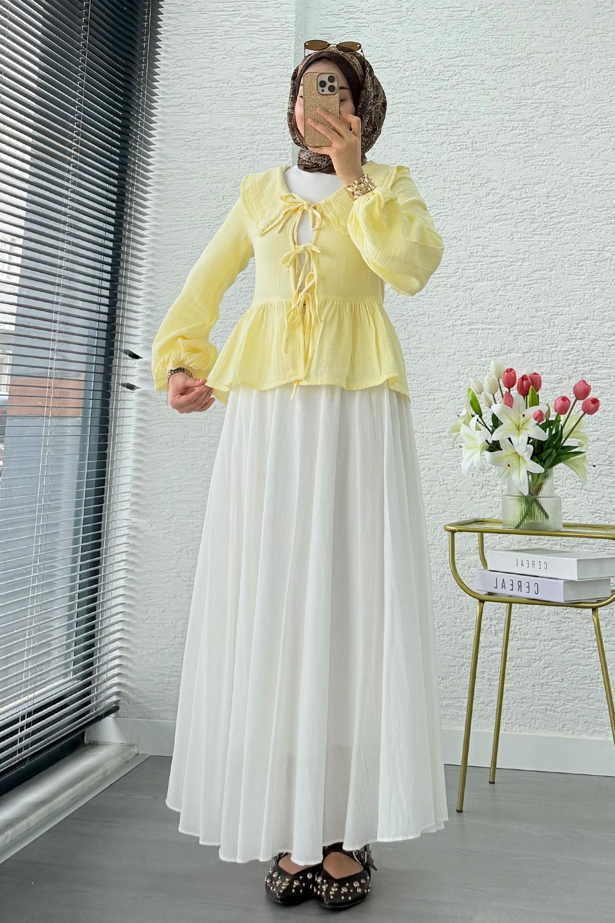 Premium Bebe Yaka Anvelop Müslin Bluz – Sarı