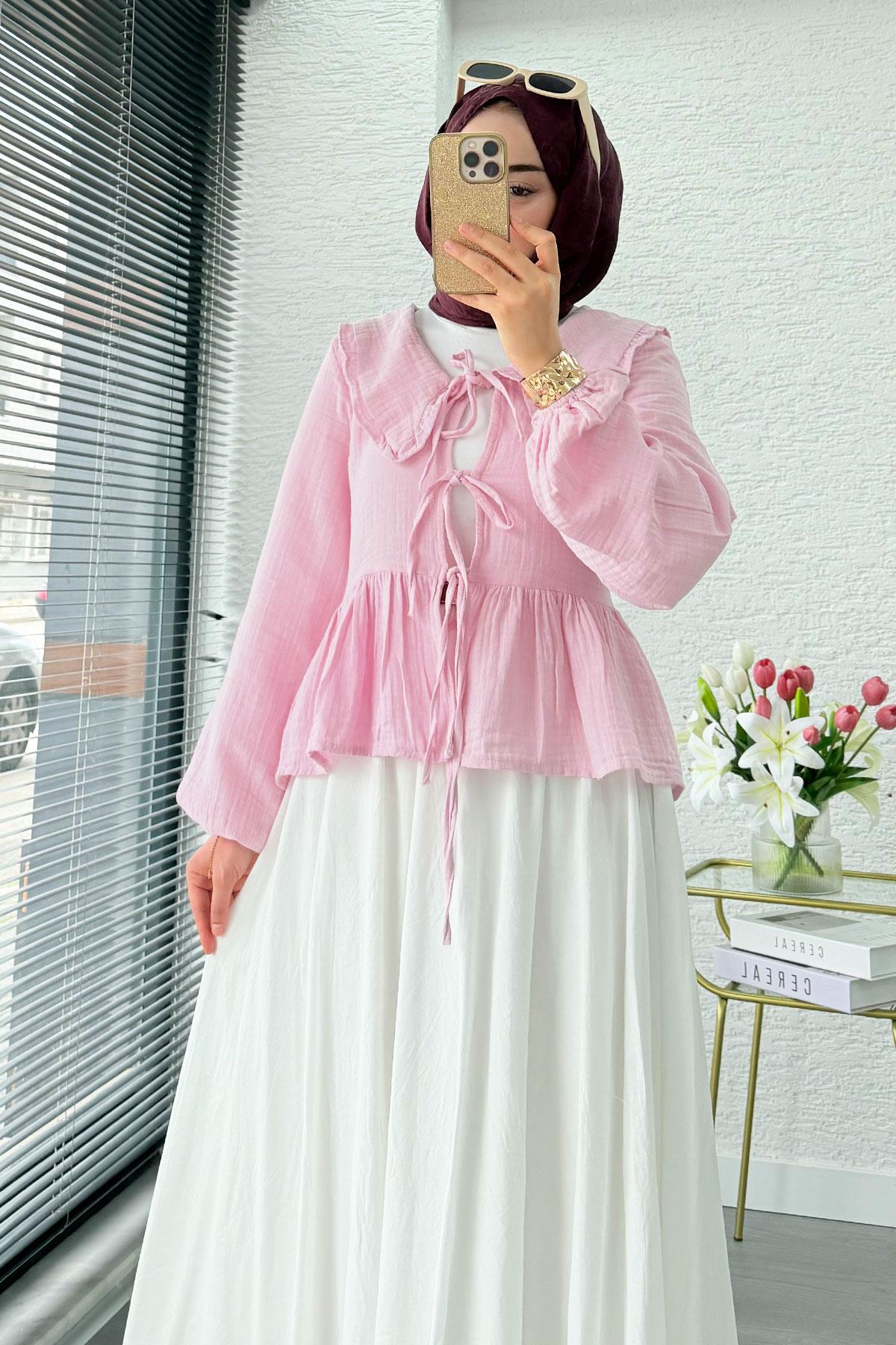 Premium Bebe Yaka Anvelop Müslin Bluz – Pembe