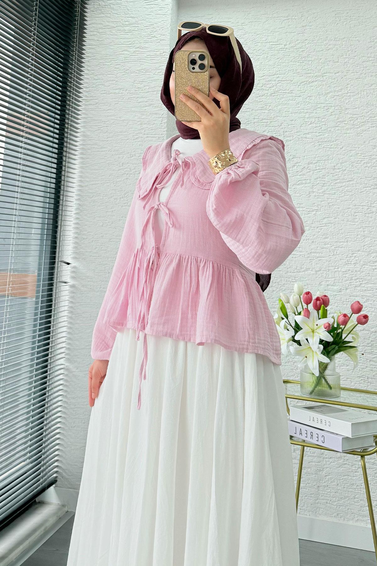Premium Bebe Yaka Anvelop Müslin Bluz – Pembe