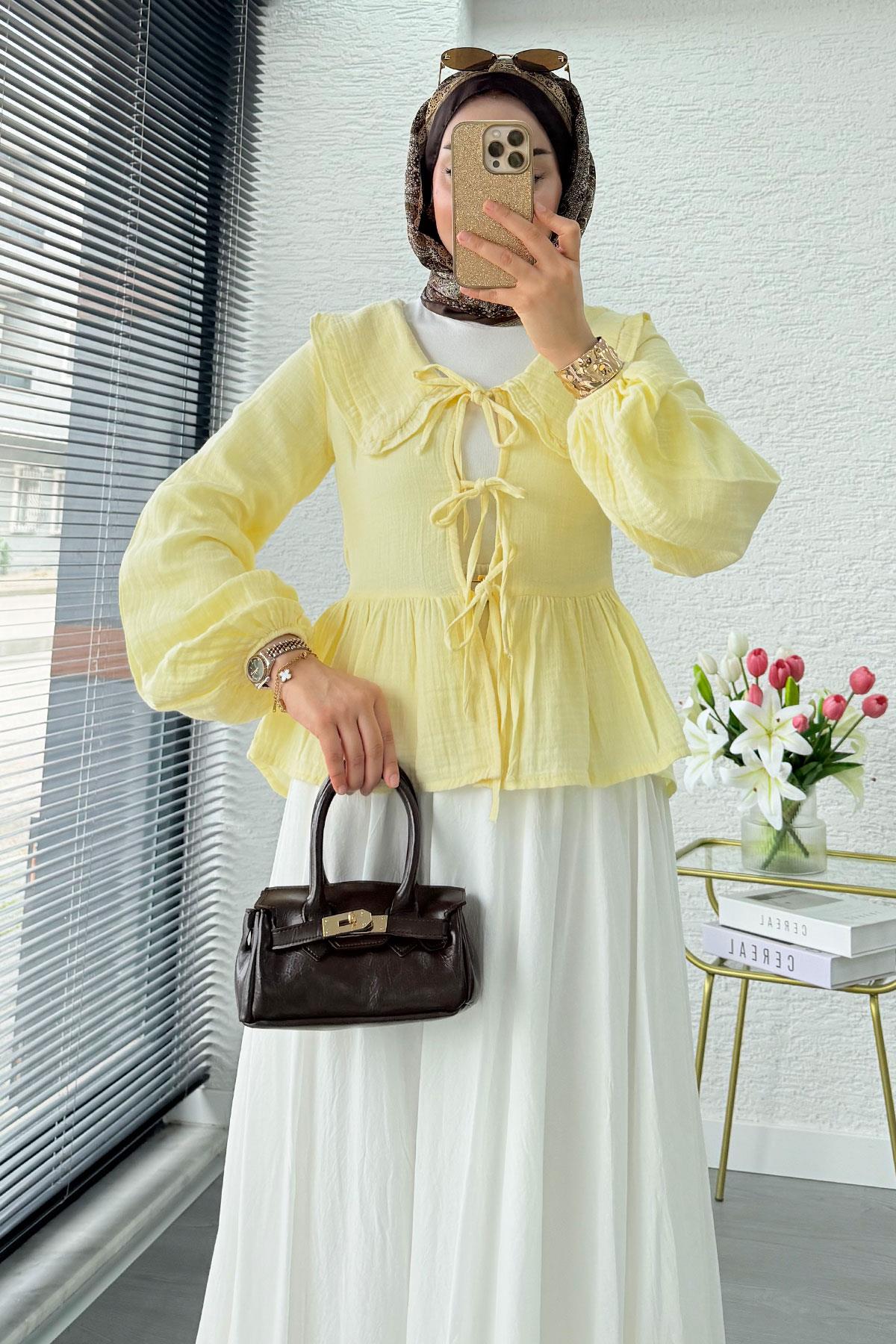 Premium Bebe Yaka Anvelop Müslin Bluz – Sarı