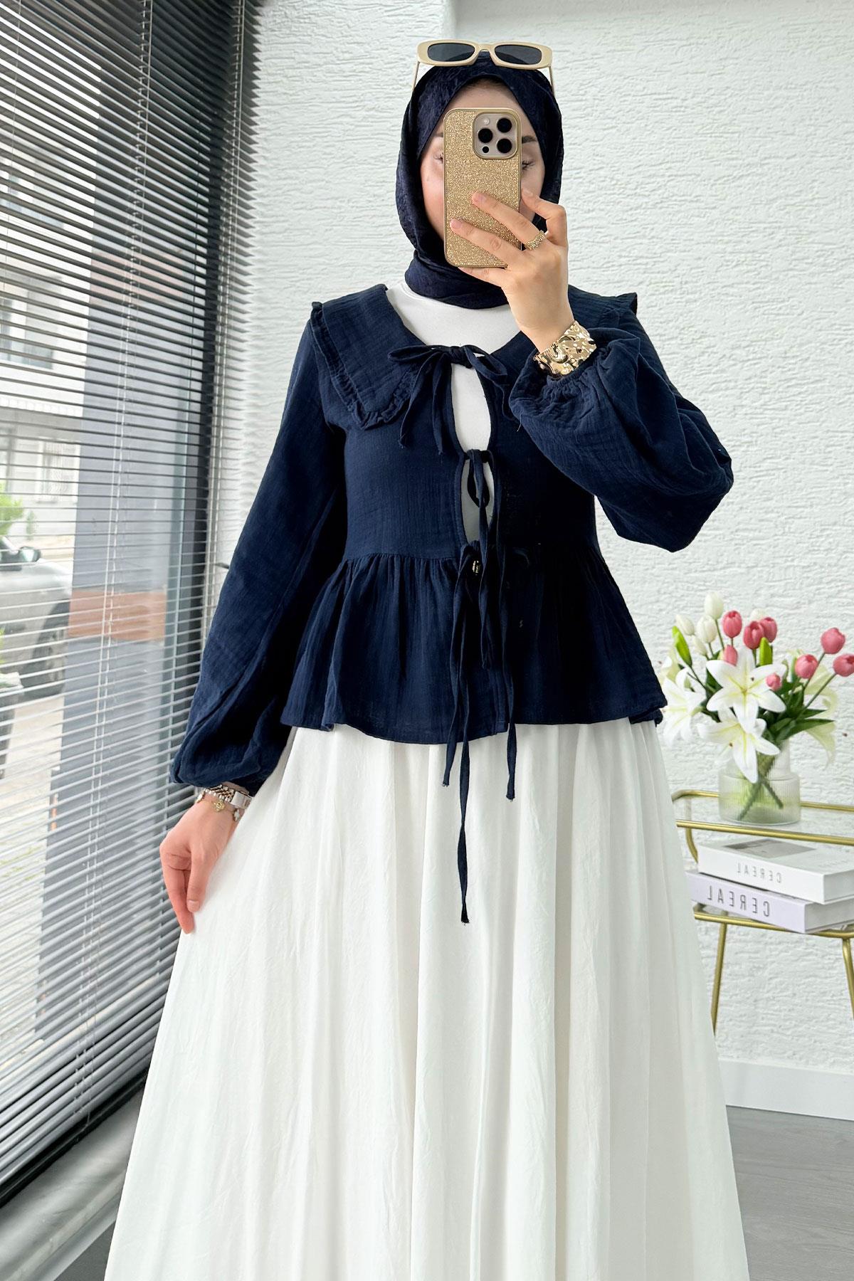Premium Bebe Yaka Anvelop Müslin Bluz – Lacivert