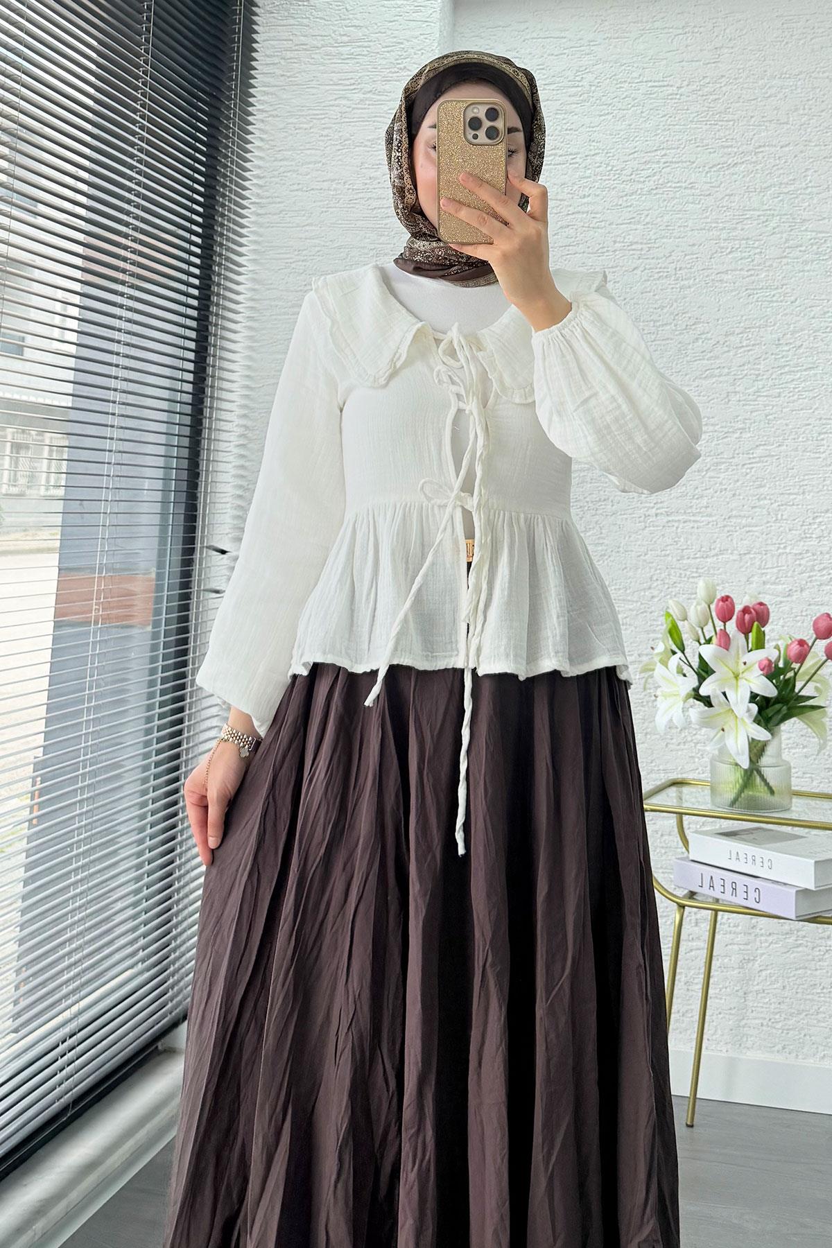 Premium Bebe Yaka Anvelop Müslin Bluz – Beyaz