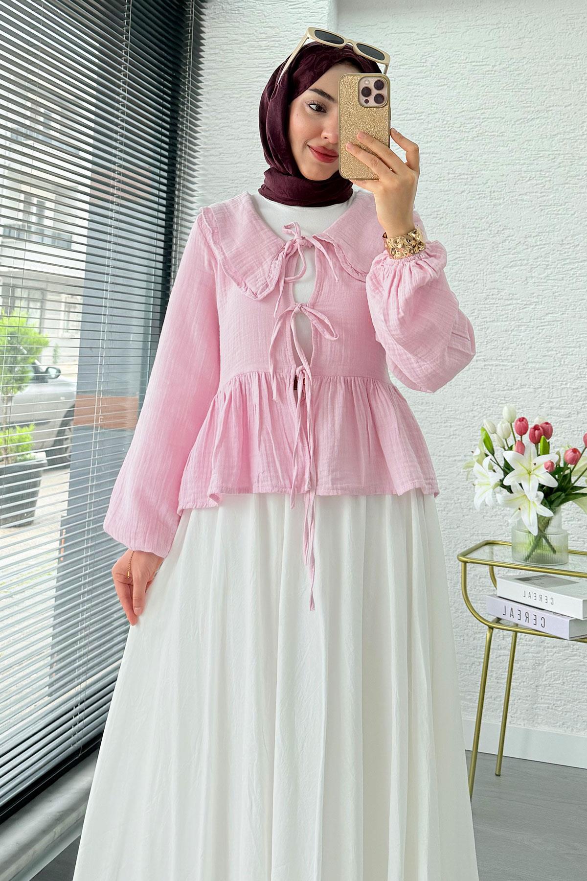 Premium Bebe Yaka Anvelop Müslin Bluz – Pembe
