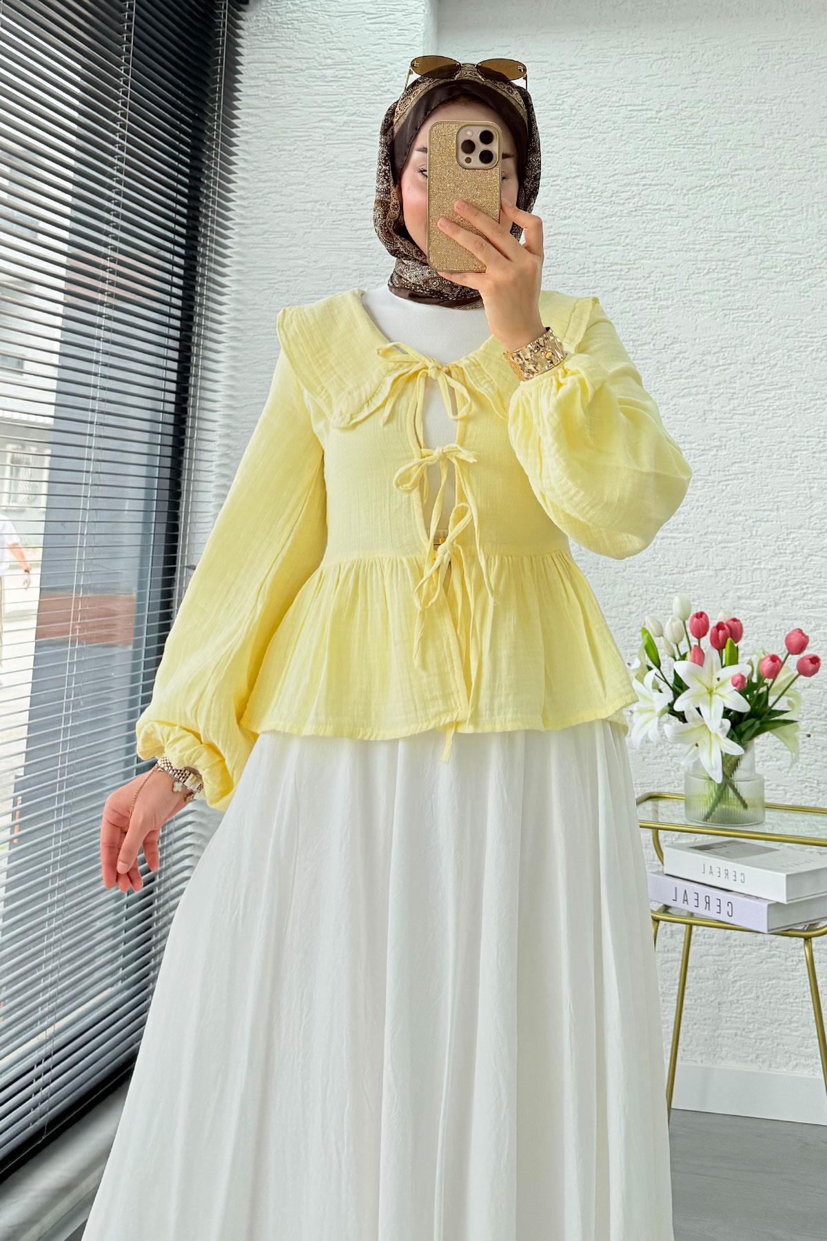 Premium Bebe Yaka Anvelop Müslin Bluz – Sarı