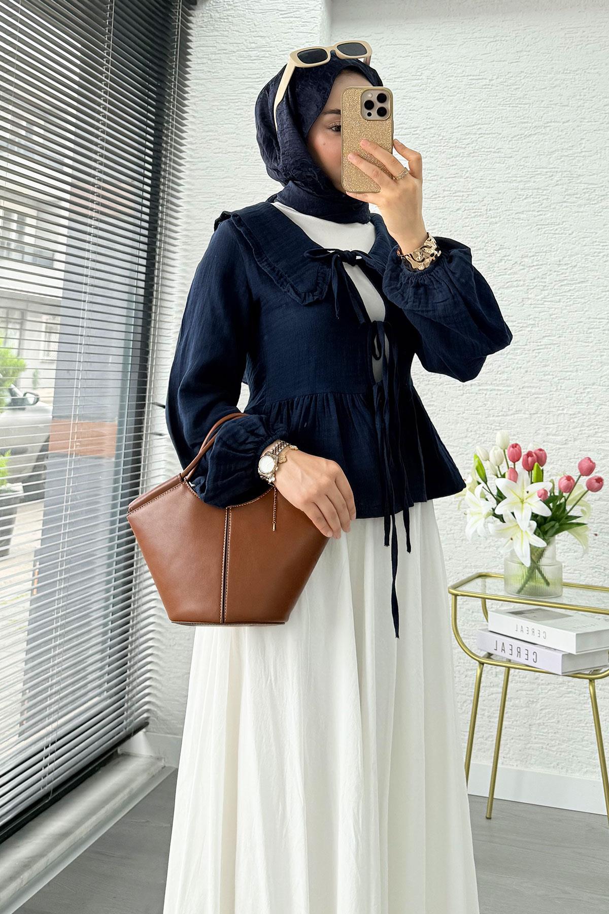 Premium Bebe Yaka Anvelop Müslin Bluz – Lacivert