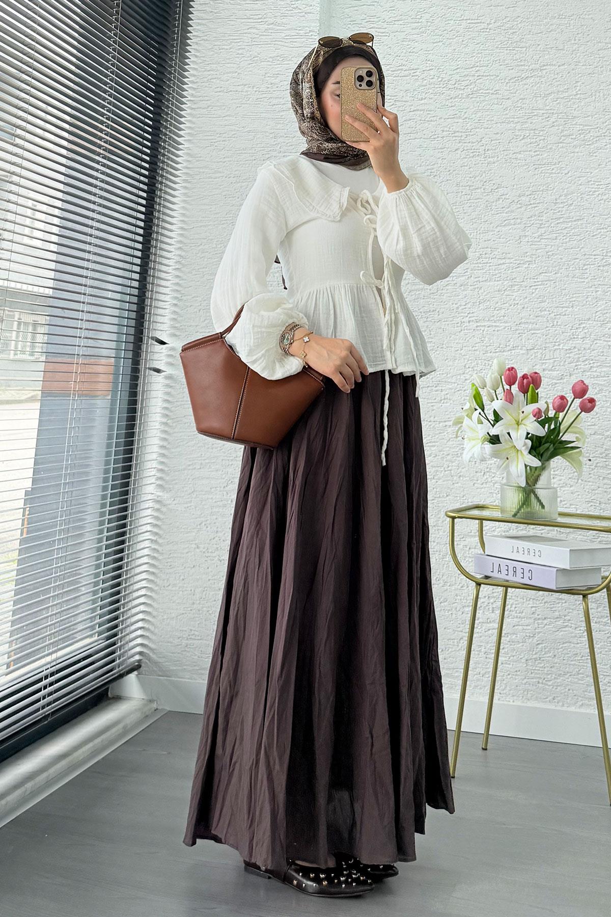 Premium Bebe Yaka Anvelop Müslin Bluz – Beyaz