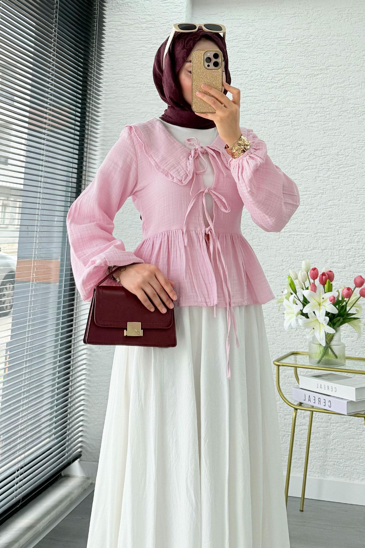 Premium Bebe Yaka Anvelop Müslin Bluz – Pembe