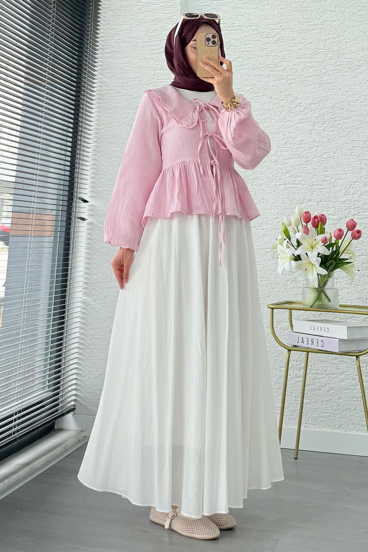 Premium Bebe Yaka Anvelop Müslin Bluz – Pembe