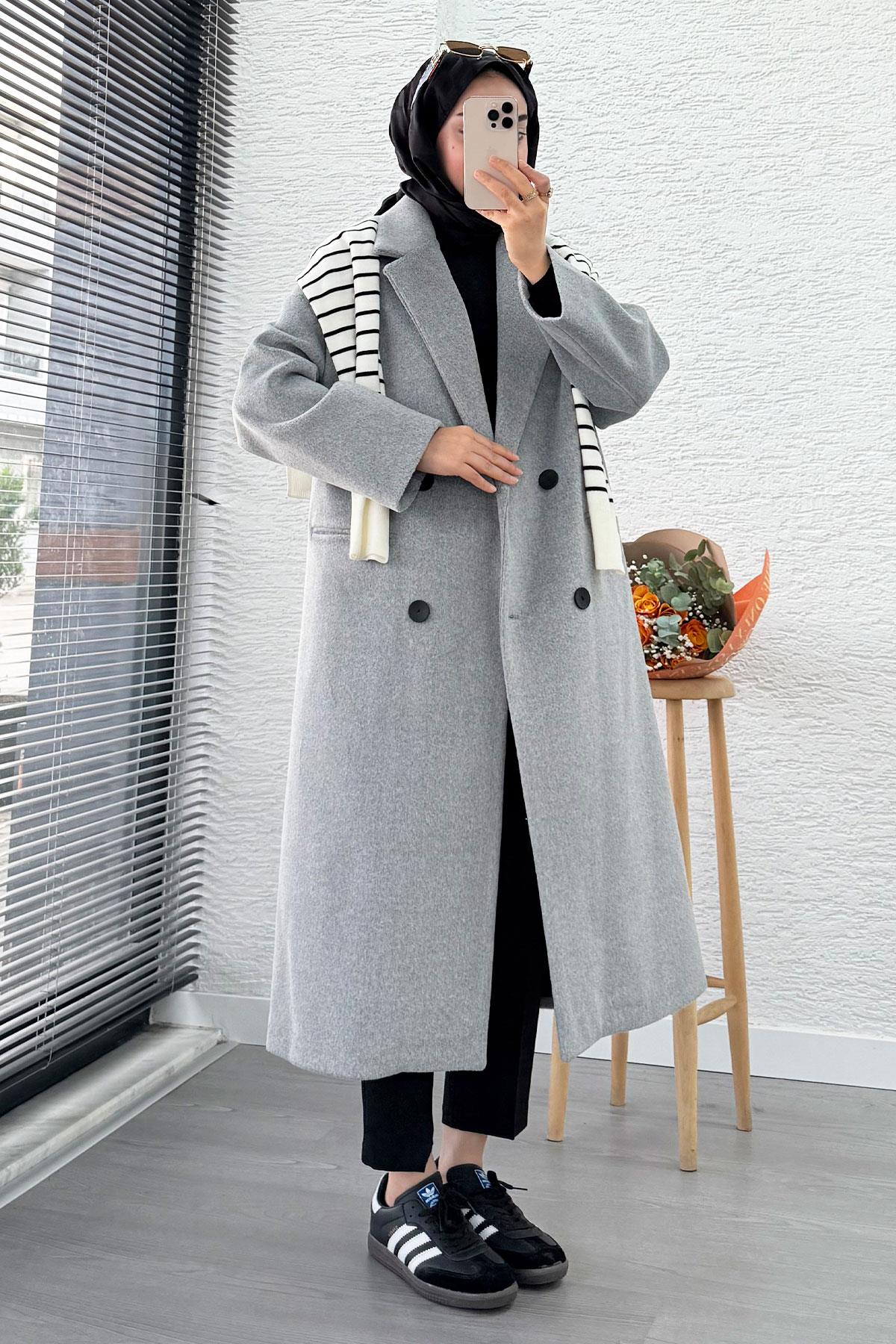 Premium Dört Düğmeli Cepli Oversize Kaşe Kaban - Gri