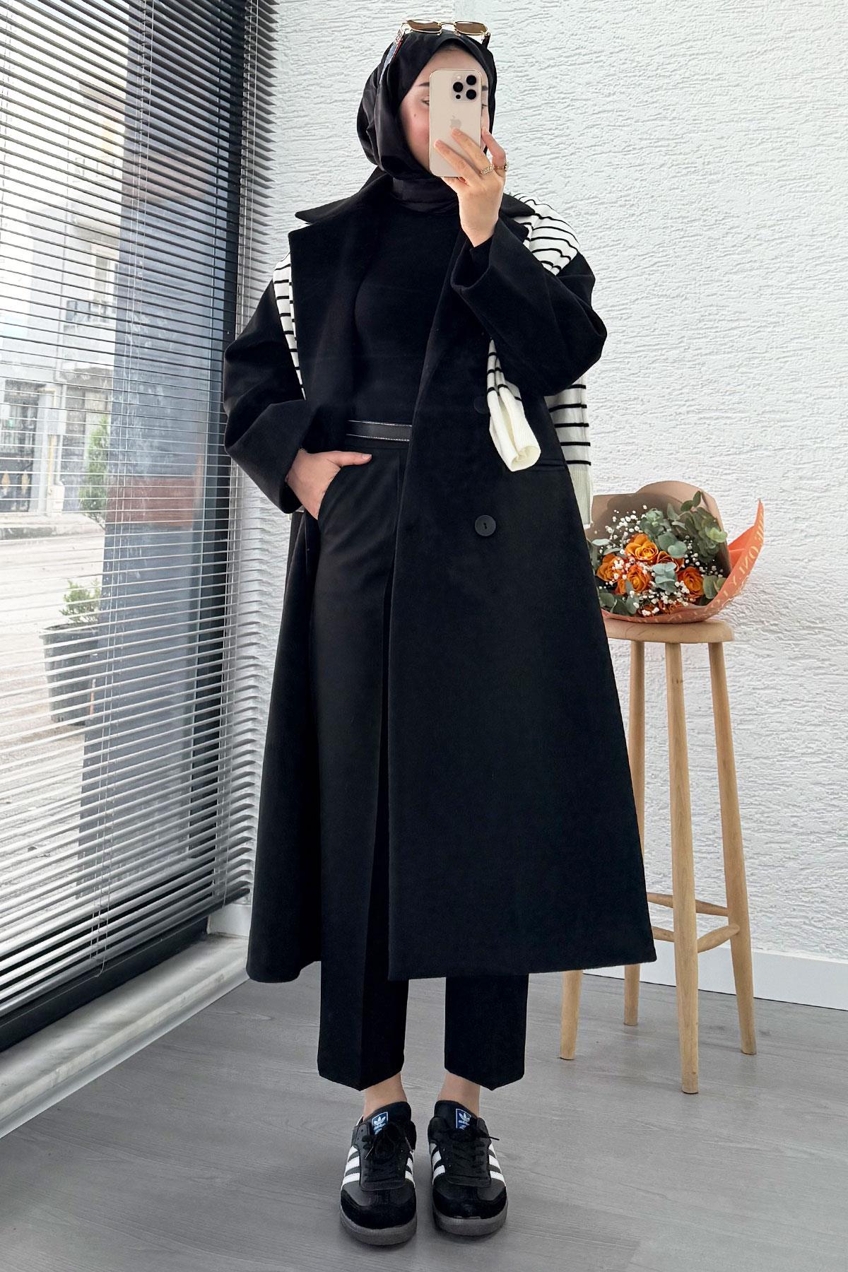 Premium Dört Düğmeli Cepli Oversize Kaşe Kaban - Siyah