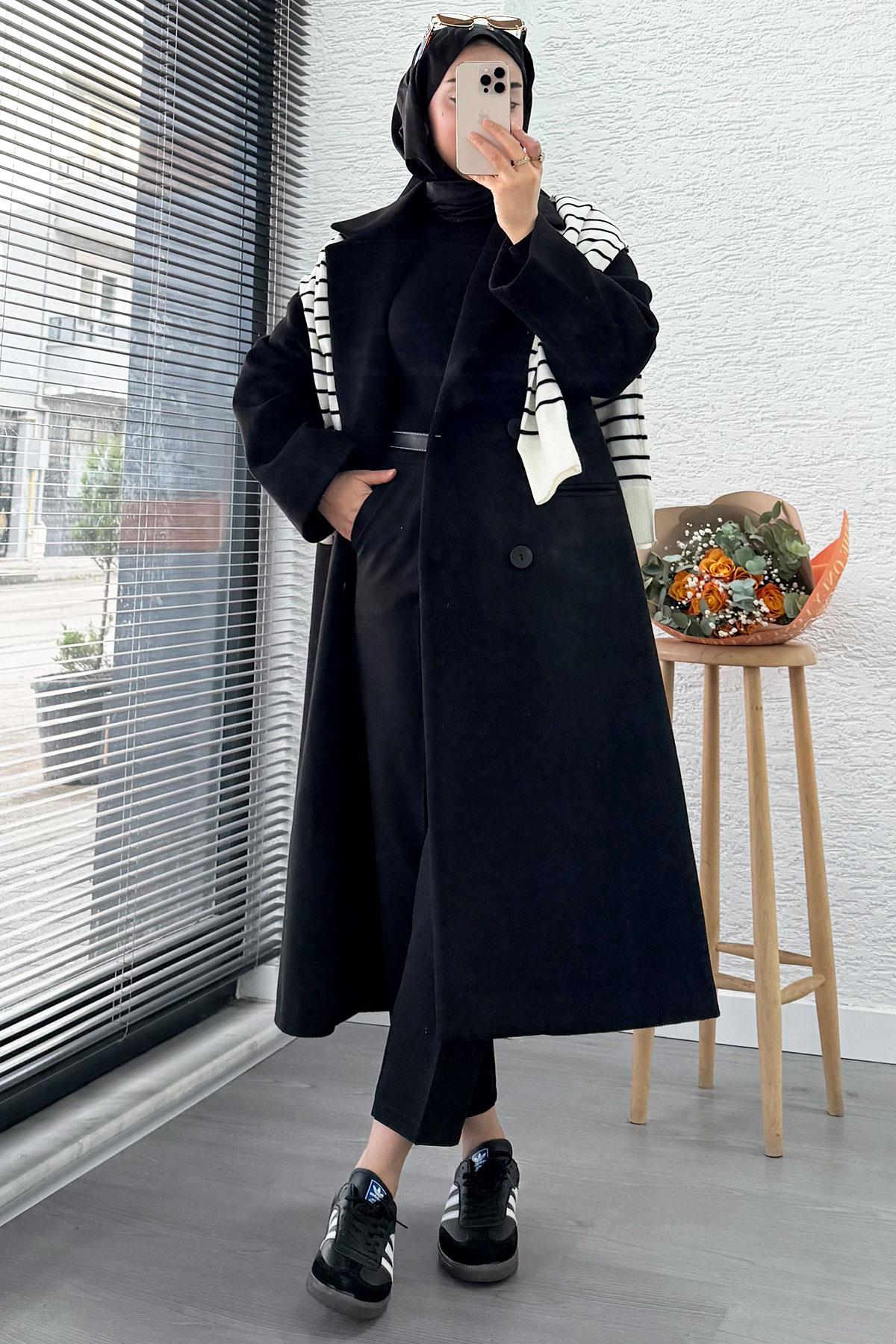 Premium Dört Düğmeli Cepli Oversize Kaşe Kaban - Siyah