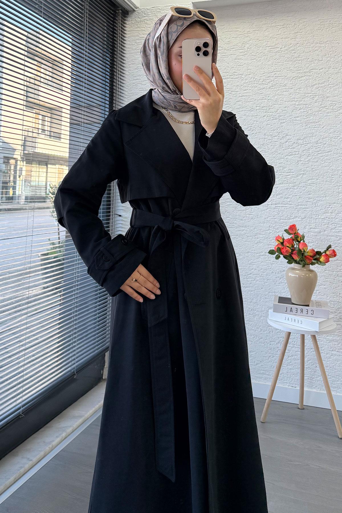 Premium Dört Düğmeli Oversize Kadın Trençkot - Siyah