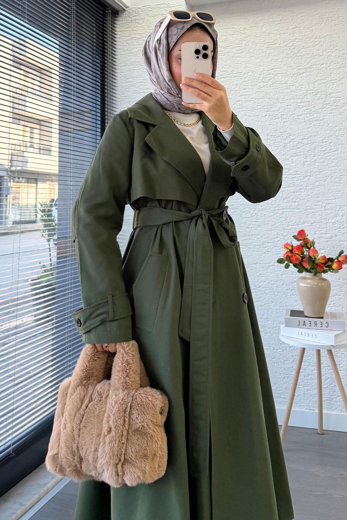 Premium Dört Düğmeli Oversize Kadın Trençkot - Haki