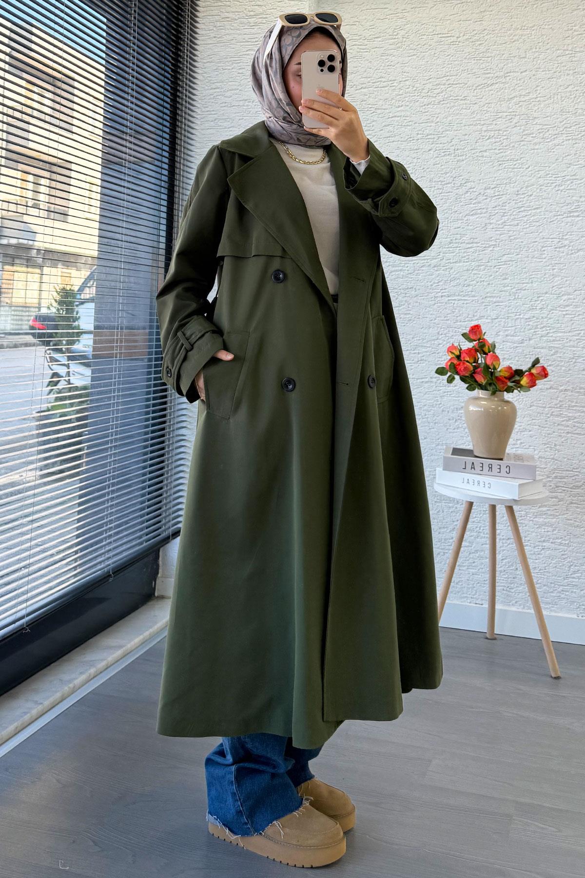 Premium Dört Düğmeli Oversize Kadın Trençkot - Haki