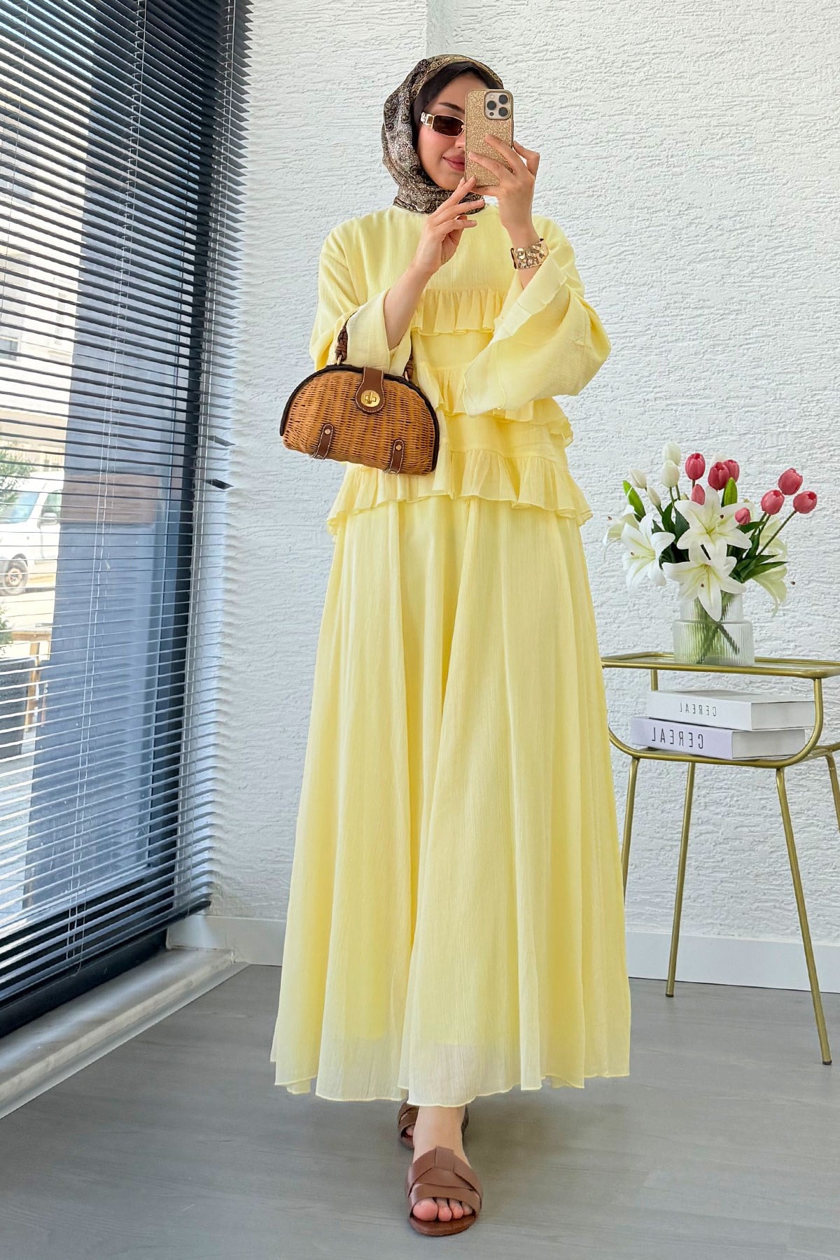 Premium Fırfır Detaylı Siena Müslin Etekli Takım - Sarı