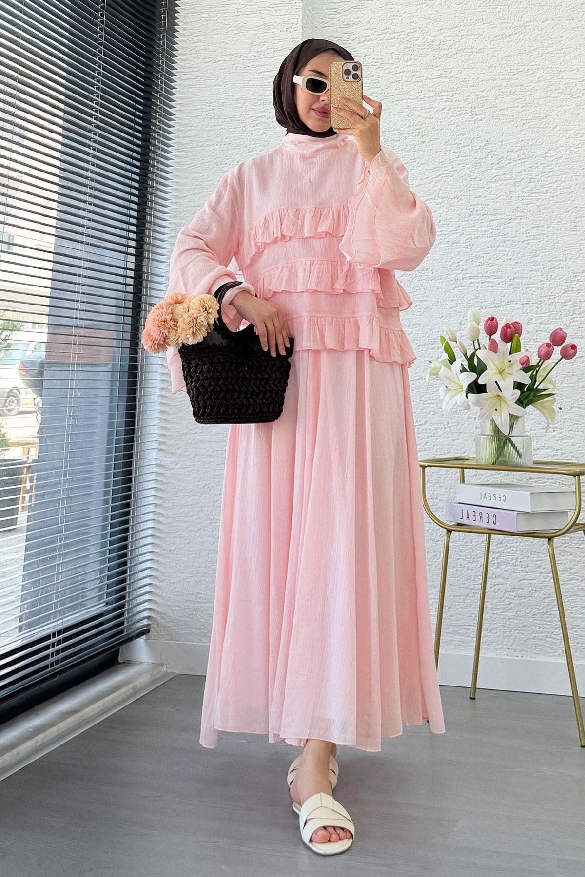 Premium Fırfır Detaylı Siena Müslin Etekli Takım - Pembe