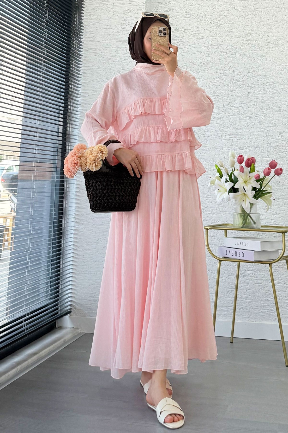Premium Fırfır Detaylı Siena Müslin Etekli Takım - Pembe