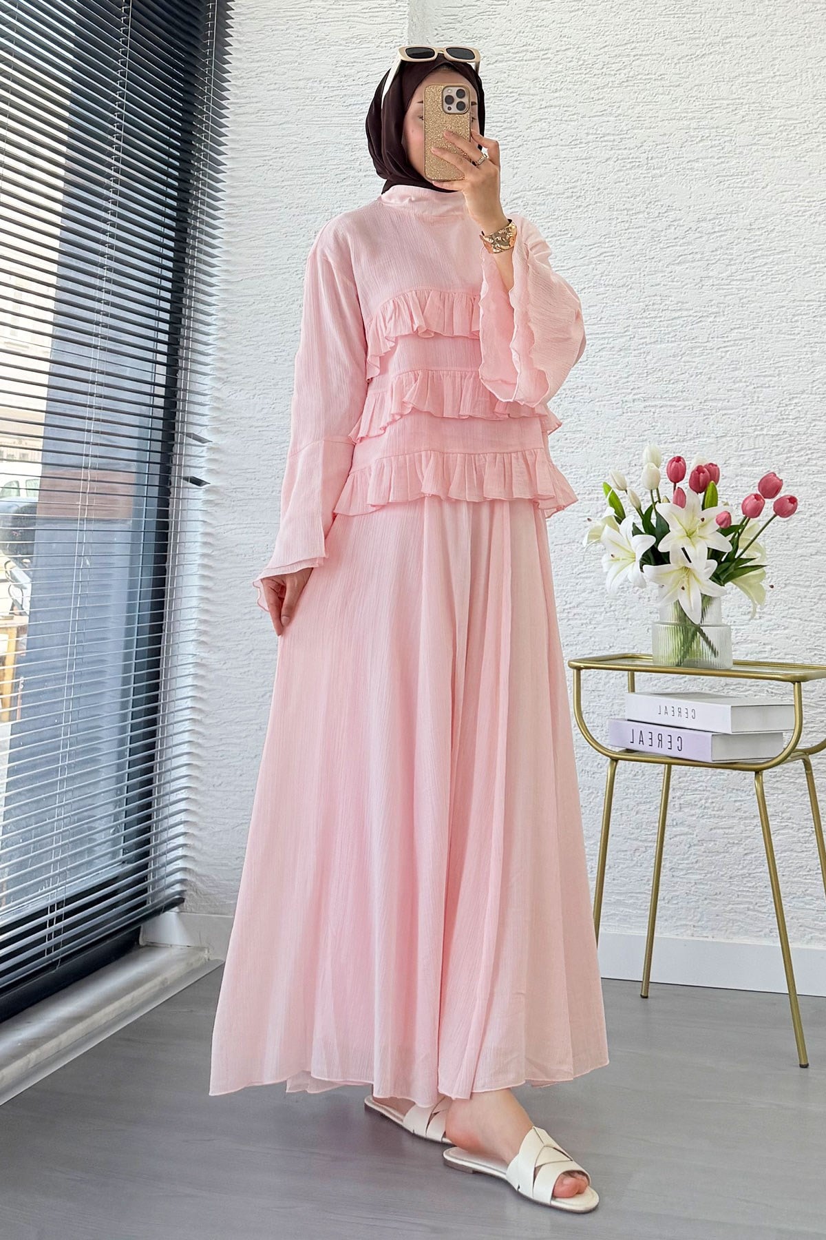 Premium Fırfır Detaylı Siena Müslin Etekli Takım - Pembe