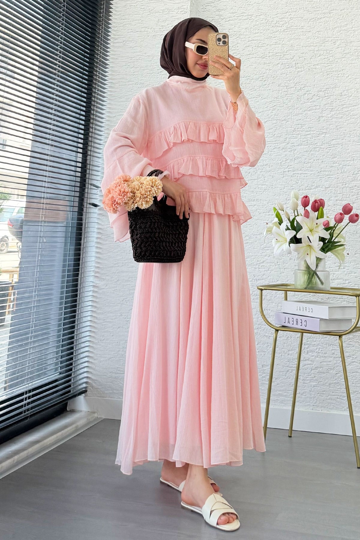 Premium Fırfır Detaylı Siena Müslin Etekli Takım - Pembe