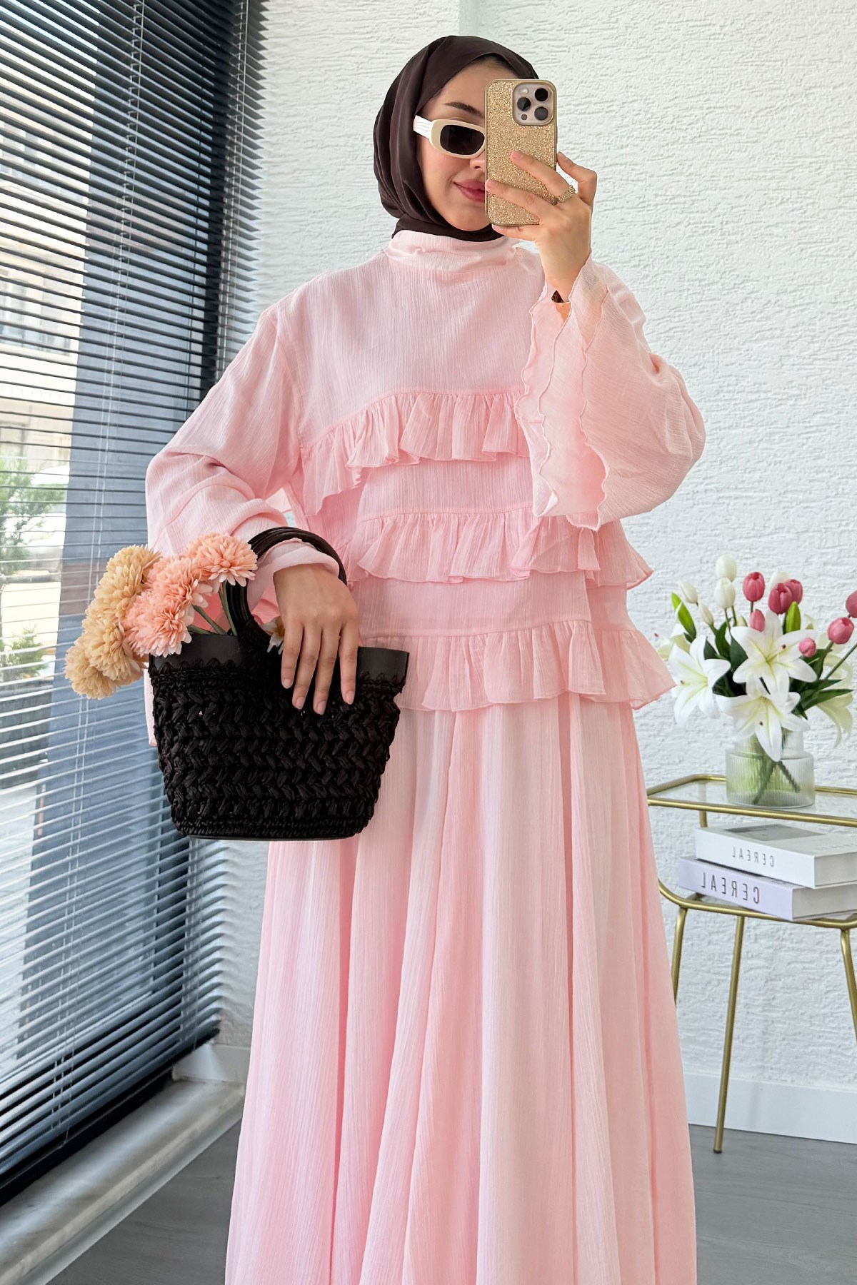 Premium Fırfır Detaylı Siena Müslin Etekli Takım - Pembe