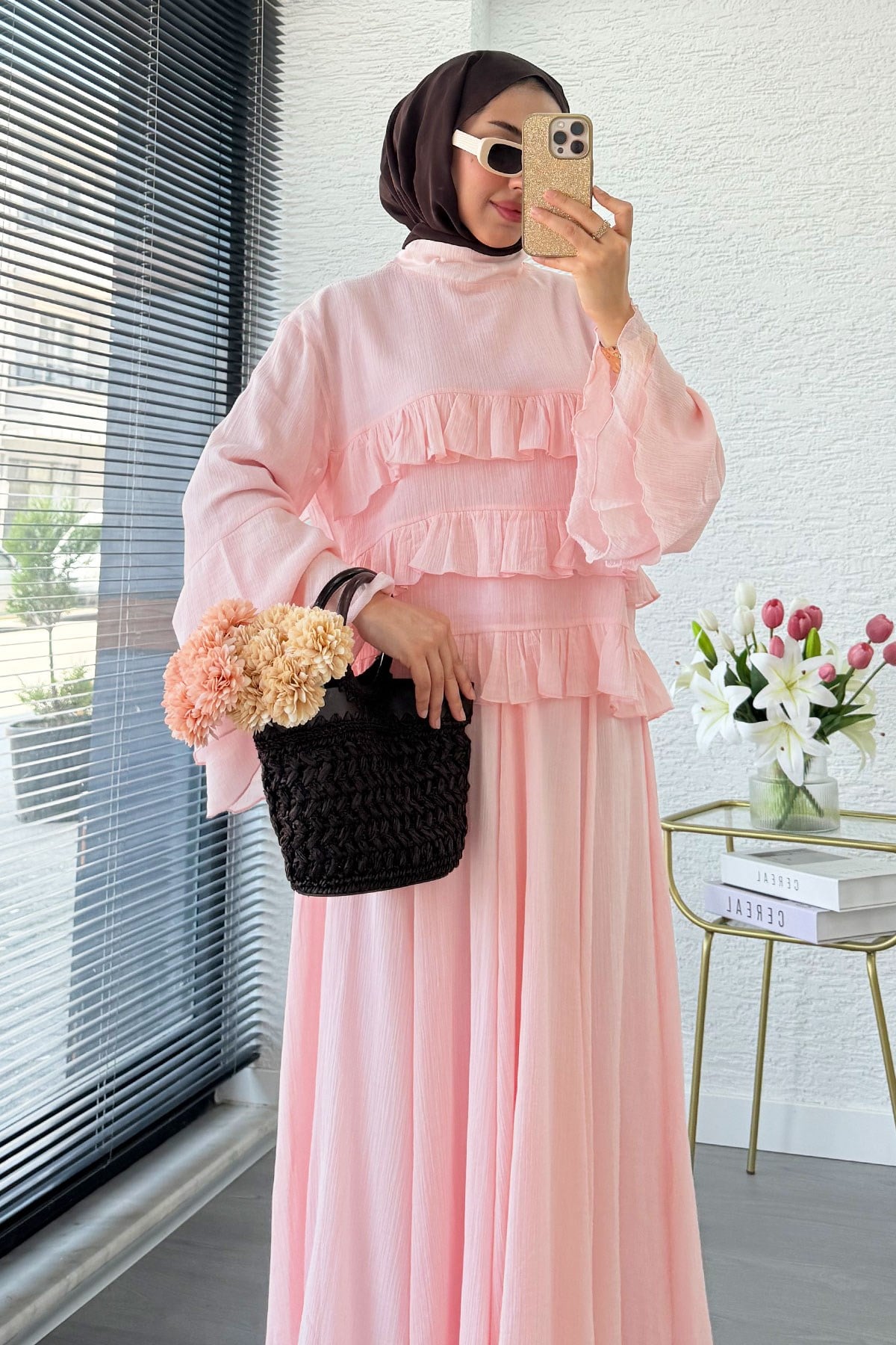 Premium Fırfır Detaylı Siena Müslin Etekli Takım - Pembe