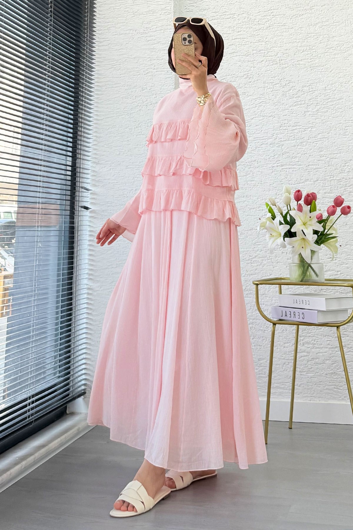 Premium Fırfır Detaylı Siena Müslin Etekli Takım - Pembe