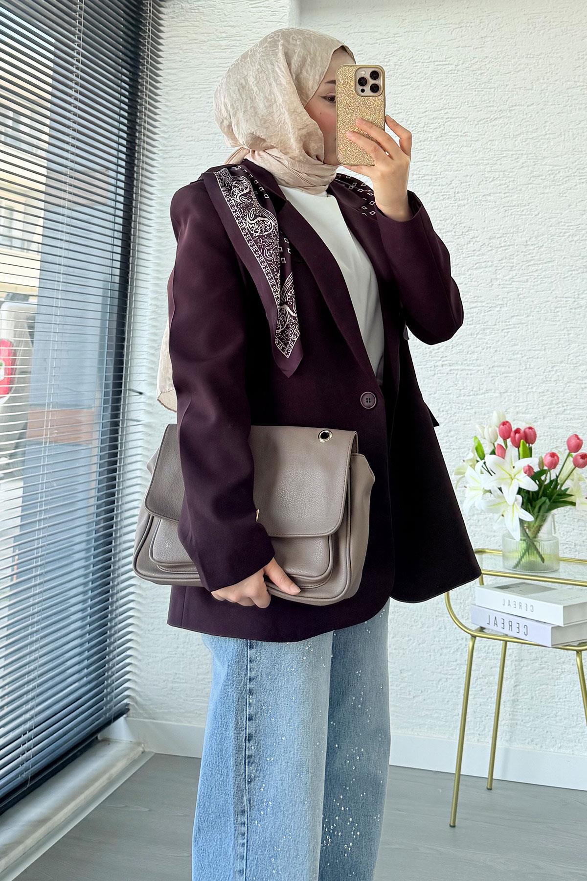 Premium Fular Detaylı Blazer Ceket – Mürdüm