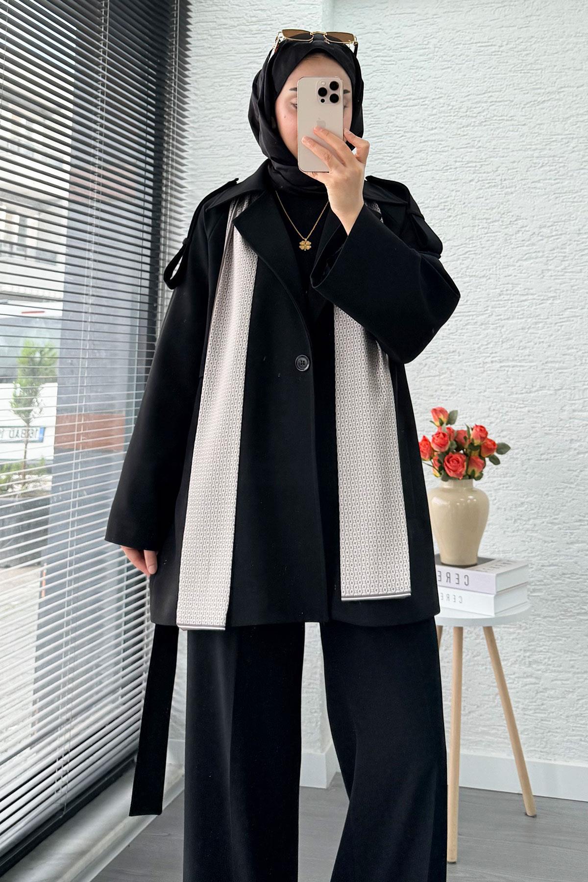 Premium Fular Detaylı Kadın Kısa Trençkot – Siyah